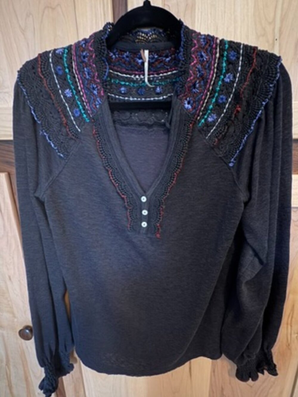 Free People Black Long Sleeve Embroidered Top in size XS